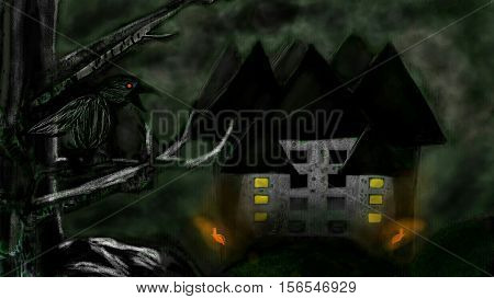 old castle in gloomy black Halloween night