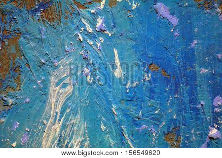 Oil Painting close up texture pallete knife storkes of brown blue and white color