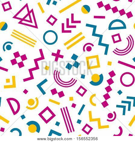 Seamless geometric vintage pattern in retro 80s style on white background. Memphis style. Can be used in textiles fashion clothes paper print and website backdrop.