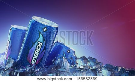 Can of Energy drink pass through Ice Cubes. 3d rendering