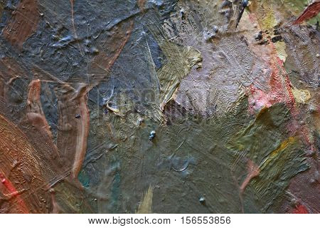 Oil Painting colorfull  close up texture pallete knife storkes of brown yellow  gray red green blue white color