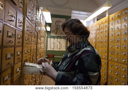 St. Petersburg Russia -22 October 2014: All-Russian Research Institute of Plant Vavilov. State Research Center. Catalog storage workers collections