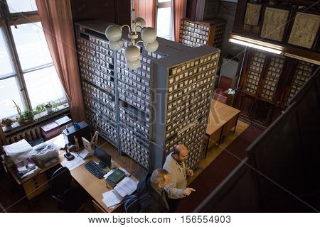 St. Petersburg Russia -22 October 2014: All-Russian Research Institute of Plant Vavilov. State Research Center. Catalog storage workers collections