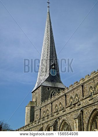 Looking up at the steeple of Saint Marys Church Hadleigh Suffolk. One of the best examples of a 