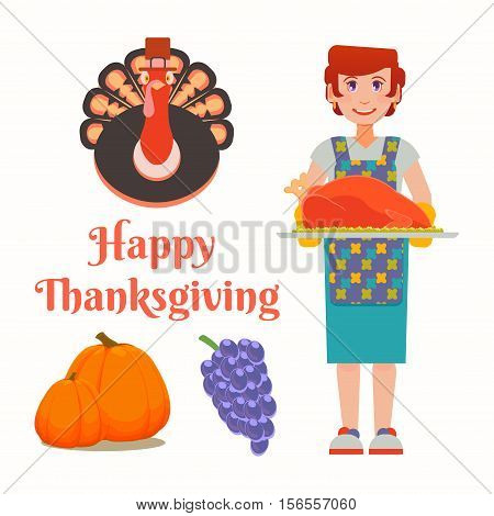 Set Thanksgiving. Thoughtful woman cooked for the family holiday dinner - great baked turkey. Autumn harvest - ripe juicy grapes and pumpkin.