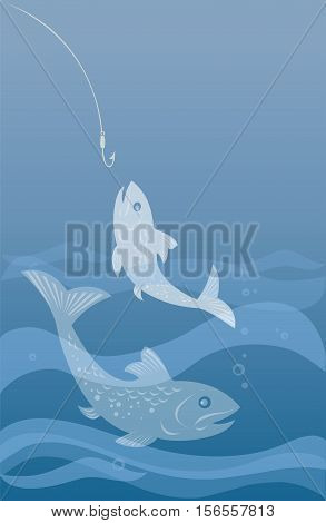 Fishing: two fish and fishing hook on a blue background