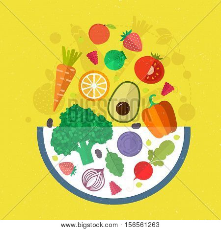 Conceptual illustration of healthy food made in flat style vector. Different fruits and vegetbles around the bowl - diet concept.