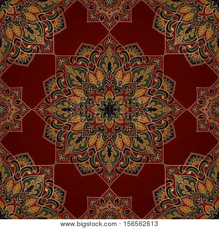 Seamless pattern of symbolic mandala on a red background. Colorful oriental ornament. Template for carpet shawl wallpaper embroidery textile.