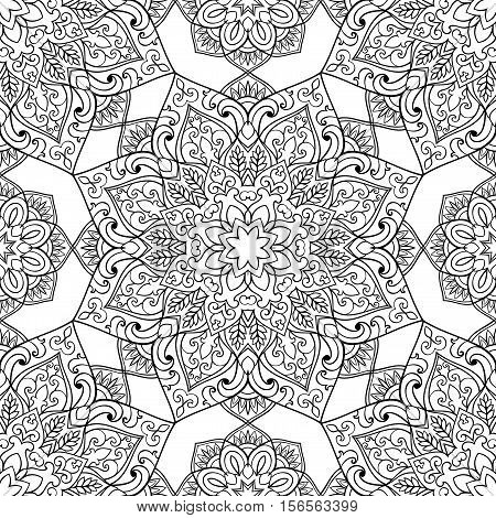 Seamless pattern of symbolic mandala on a white background. Oriental ornament. Template for carpet shawl wallpaper embroidery.