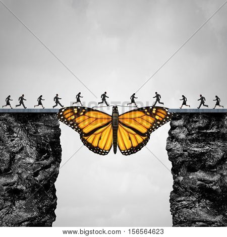 Opportunity and transition concept or migration as a butterfly acting as a bridge between two cliffs for people to go to their journey as a symbol for hope and faith with 3D illustration elements.