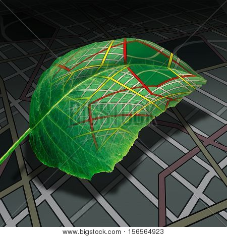 Ecology transportation and green energy transport and driving as a leaf with a generic road map texture as a clean natural fuel source metaphor in a 3D illustration style.