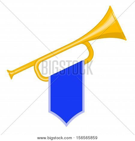 Trumpet with blue flag icon. Brass Bugle Cartoon Illustration. Horn Flat design. vector