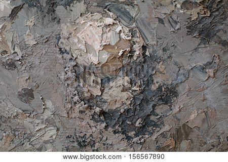 Oil Painting close up texture pallete knife storkes of brown yellow  gray and white color