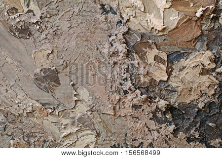 Oil Painting close up texture pallete knife storkes of brown yellow  gray and white color
