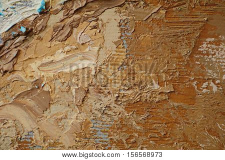 Oil Painting close up texture pallete knife storkes of brown yellow  gray and white color