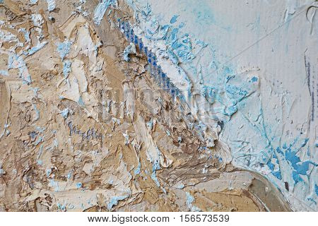 Oil Painting close up texture pallete knife storkes of blue and brown and white color water
