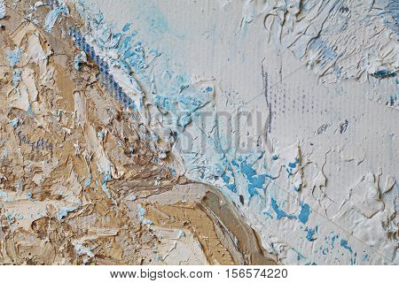 Oil Painting close up texture pallete knife storkes of blue and brown and white color water