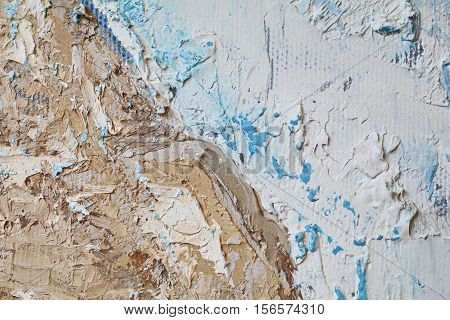 Oil Painting close up texture pallete knife storkes of blue and brown and white color water