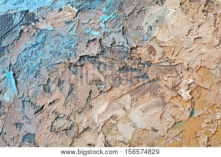 Oil Painting close up texture pallete knife storkes of blue and brown and white color water