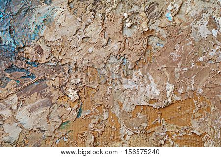 Oil Painting close up texture pallete knife storkes of blue and brown and white color water
