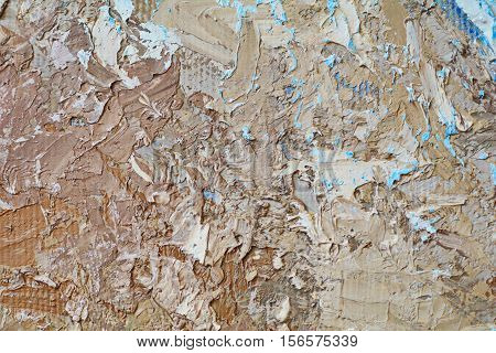 Oil Painting close up texture pallete knife storkes of blue and brown and white color water
