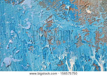 Oil Painting close up texture pallete knife storkes of blue and brown and white color water