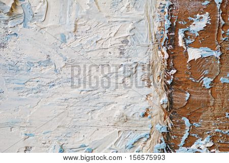 Oil Painting close up texture pallete knife storkes of blue and brown and white color water