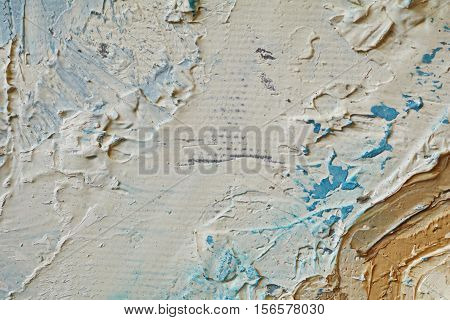 Oil Painting close up texture pallete knife storkes of blue and brown and white color