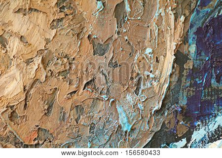 Oil Painting close up texture pallete knife storkes of blue and brown and white color