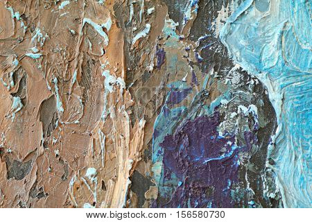 Oil Painting close up texture pallete knife storkes of blue and brown and white color