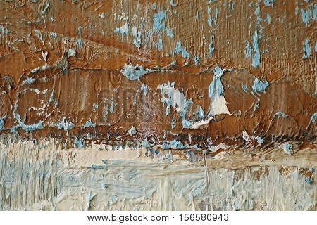 Oil Painting close up texture pallete knife storkes of blue and brown and white color