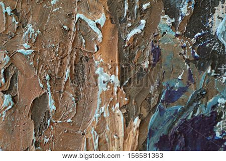 Oil Painting close up texture pallete knife storkes of dark blue and brown and white color