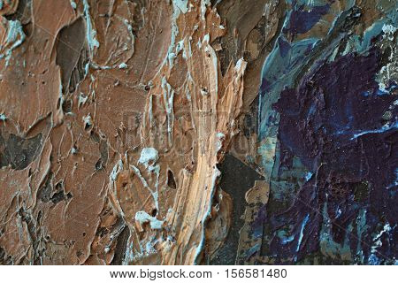 Oil Painting close up texture pallete knife storkes of dark blue and brown and white color