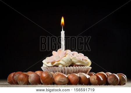 Muffin With Small Burning Candle And Huzelnuts