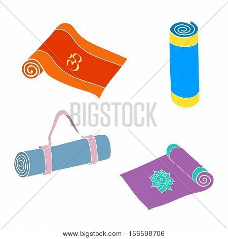 Cartoon yoga or fitness mats and sacks. Isolated set. Hand drawn vector EPS10 illustration.