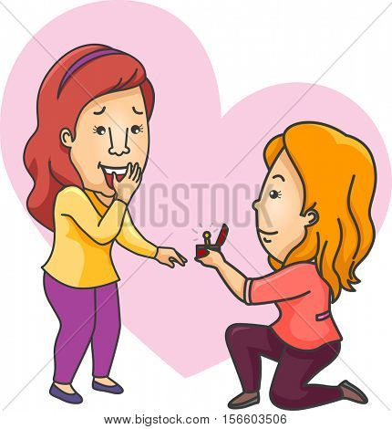 Romantic Illustration of a Woman Offering an Engagement Ring to Her Girlfriend
