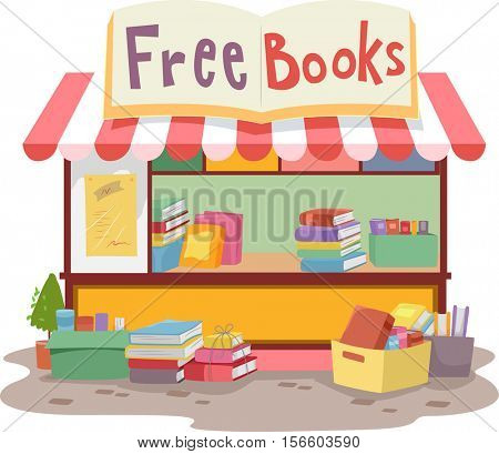 Colorful Illustration of a Small Roadside Stand Giving Away an Assortment of Books