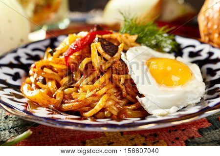 Asian Style Noodles with Meat and Laghman Sauce. Garnished with Fried Egg