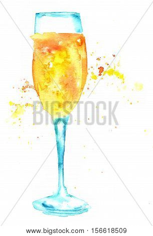 A watercolor drawing of a flute glass of sparkling wine, hand painted on white background