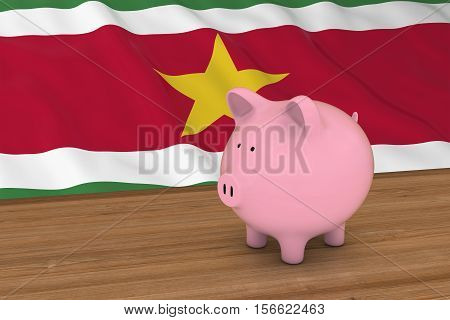 Suriname Finance Concept - Piggybank In Front Of Surinamese Flag 3D Illustration