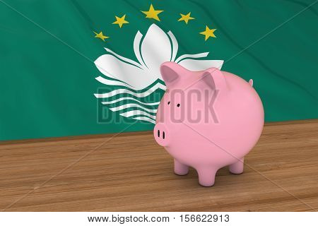 Macau Finance Concept - Piggybank In Front Of Macanese Flag 3D Illustration