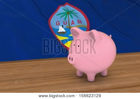 Guam Finance Concept - Piggybank In Front Of Guamanian Flag 3D Illustration