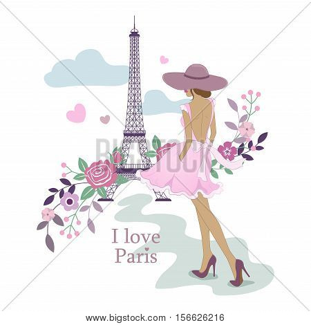 I Love Paris. Image of the Eiffel Tower and women. Vector illustration.
