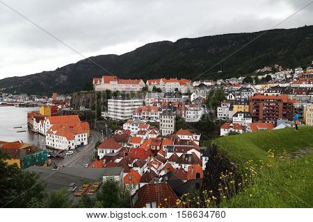 BERGEN, NORWAY - JULY 3, 2016: It is the remains of an ancient defensive structure Sverreborg overlooking the surrounding hills and residential zone Bergenhus.