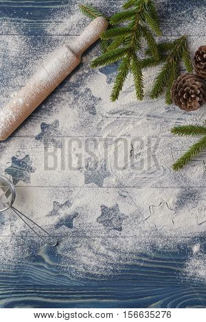 Christmas Background Decoration.  Cookies Shape  Star. Flour And Spices For A Christmas Baking On A