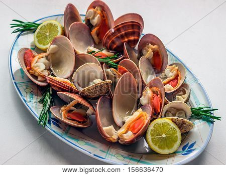 Dish of vivid fresh seafood with lemon and rosemary. Concept - healthy food.