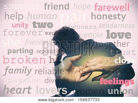 Concept depicting parting. Image created using multiple exposures and adding meaningful words. The photo silhouette upset man and a gesture symbolizing the parting.