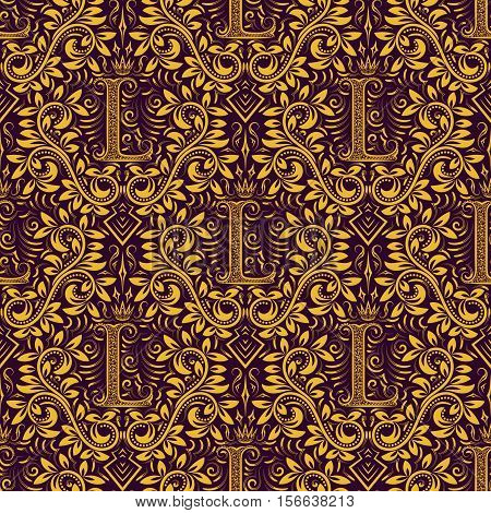 Damask seamless pattern repeating background. Golden purple floral ornament with L letter and crown in baroque style. Antique golden repeatable wallpaper.