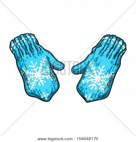 Pair of bright blue winter knitted mittens with snowflakes, sketch style vector illustrations isolated on white background. Hand drawn woolen mittens with knitted snoflakes, winter accessory