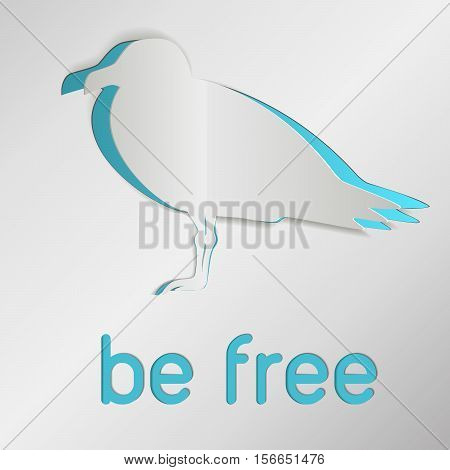 Seagull cut from paper. Greeting card with cut out text. Be free. Realistic vector EPS10 illustration.